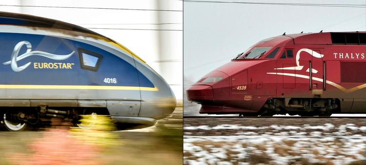 Eurostar (til venstre) og Thalys (til højre) håber med en sammenlægning på, at selskaberne i fremtiden kan skabe et endnu mere effektivt og bæredygtigt togprodukt. Fotocollage: Philippe Huguen
   Foto: /Ritzau Scanpix