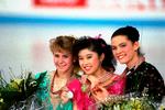 Første gang Nancy Kerrigan (th.)  vakte opsigt internationalt var ved VM i 1991 i München, hvor hun vandt bronze. Til venstre er det sølvvinderen Tonya Harding og i midten verdensmester Kristi Yamaguchi. Alle tre atleter fra USA.
    
   Foto: Dieter Endlicher/Ritzau Scanpix