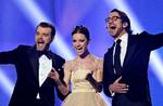 Her ses værterne i Eurovsion Song Contest, da finalen blev holdt i København i 2014: Pilou Asbæk, Lise Rønne og Nikolaj Koppel.   Foto: Jens Dresling/POLFOTO