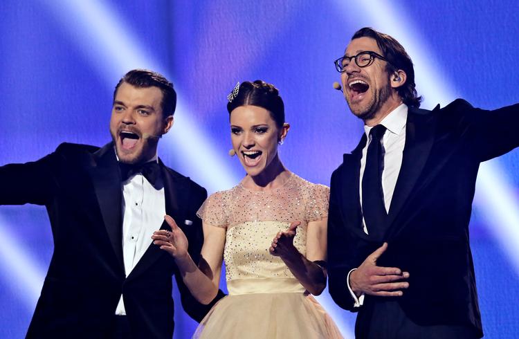 Her ses værterne i Eurovsion Song Contest, da finalen blev holdt i København i 2014: Pilou Asbæk, Lise Rønne og Nikolaj Koppel.   Foto: Jens Dresling/POLFOTO