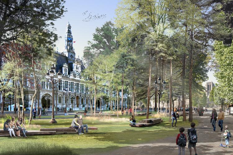 Foran Hotel de Ville på rue de Rivoli planlægger Paris' bystyre at plante træer, ligesom man også vil gøre foran den gamle opera og på en række af byens andre klassiske pladser.  Foto: Apur/Céline Orsingher