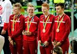 Lasse Norman, Niklas Larsen, Frederik Madsen og Casper Folsach strålede om kap ved OL i Rio for tre år siden. Nu er kvartetten, i hvert fald midlertidigt, opløst. 
   Foto: Jens Dresling/POLFOTO