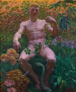Kristian Zahrtmanns  'Adam i Paradis' (1914). Her folder det hele sig ud i fuldt flor: farverne, botanikken og forkærligheden for den nøgne mandekrop. Sidstnævnte bidrager en ung soldat med, og han er ganske godt tilfreds med sig selv, ser det ud til. Foto: Ole Akhøj