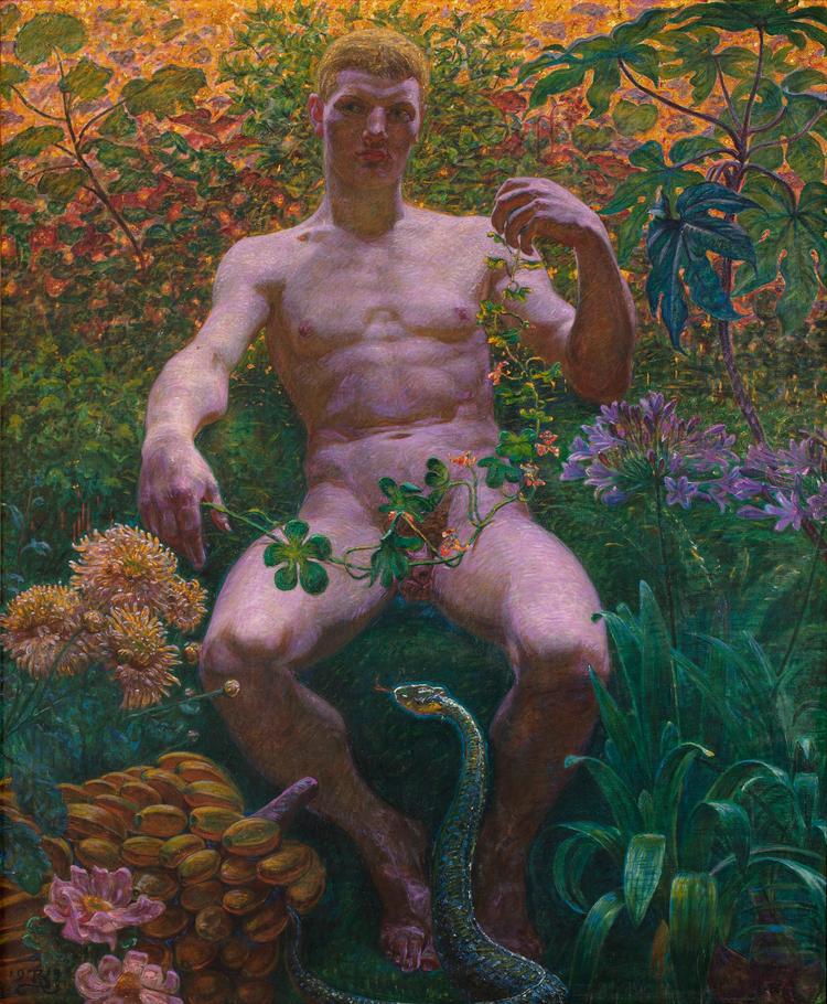 Kristian Zahrtmanns  'Adam i Paradis' (1914). Her folder det hele sig ud i fuldt flor: farverne, botanikken og forkærligheden for den nøgne mandekrop. Sidstnævnte bidrager en ung soldat med, og han er ganske godt tilfreds med sig selv, ser det ud til. Foto: Ole Akhøj
