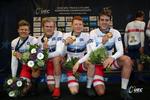 De fire nykårede danske euriopamestre i 4 km holdforfølgelsesløb fra venstre: Lasse Norman Hansen, Julius Johansen, Frederik Rodenberg og Rasmus Lund Pedersen. 