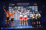 Michael Mørkøv og Lasse Norman troner øverst på podiet efter den overbevisende triumf i parløbet ved EM. Foto: UEC/bettiniphoto 