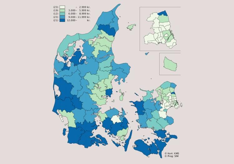 På kortet kan du se, hvor i landet der vil blive udbetalt mest til boligejerne. Jo mørkere en kommune er farvet, jo mere skønnes boligejerne i gennemsnit at få tilbage i for meget betalt ejendomsskat.
Kilde: Skatteministeriet Foto: Skatteministeriets hjemmeside