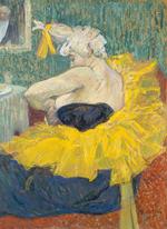 Den gule cirkel, som Henri Toulouse-Lautrec slår om ‘La Clownesse Cha-U-Kao’ (1895), står i smuk koloristisk kontrast til kjolens blå, mens kompositionen måske tyder på et fotografisk forlæg. Foto: Franck Raux/Rmn-Grand Palais (musée d’Orsay)