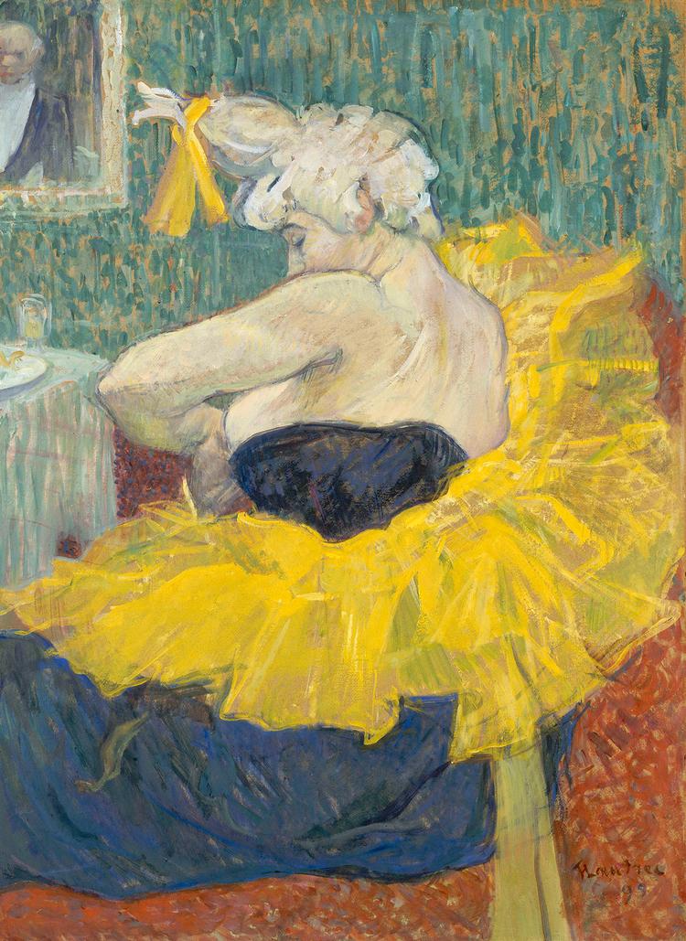 Den gule cirkel, som Henri Toulouse-Lautrec slår om ‘La Clownesse Cha-U-Kao’ (1895), står i smuk koloristisk kontrast til kjolens blå, mens kompositionen måske tyder på et fotografisk forlæg. Foto: Franck Raux/Rmn-Grand Palais (musée d’Orsay)