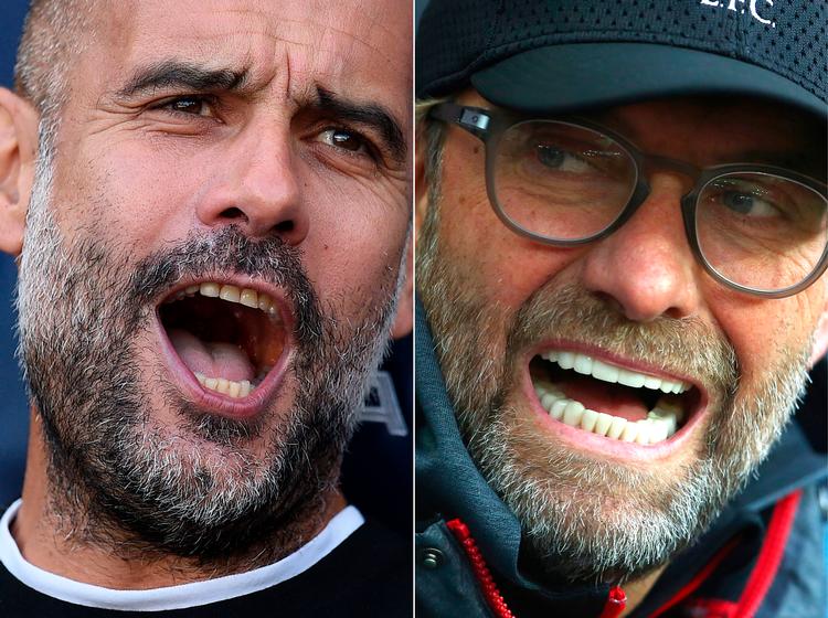 Manchester Citys Pep Guardiola (tv.) og Liverpools Jürgen Klopp har hver sin måde at anskue fodbold på, men de jagter det samme mål: at vinde Premier League.
   Foto: Oli Scarff, Geoff Caddick/Ritzau Scanpix
