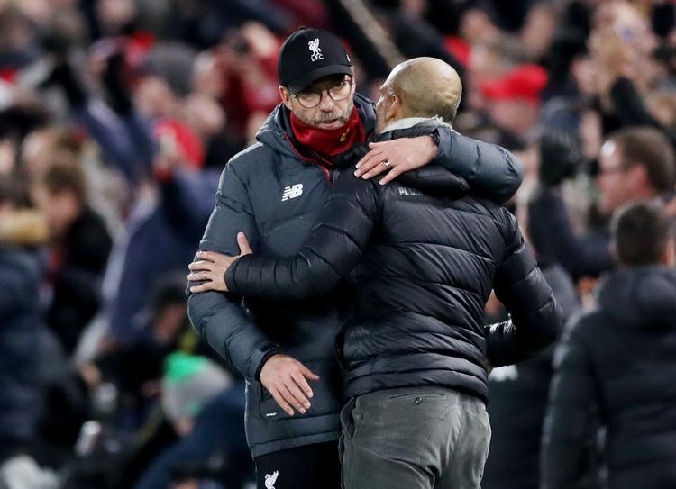 Jürgen Klopp (tv.) og Liverpool vandt 3-1 over Pep Guardiolas Manchester City.
   Foto: Carl Recine/Ritzau Scanpix