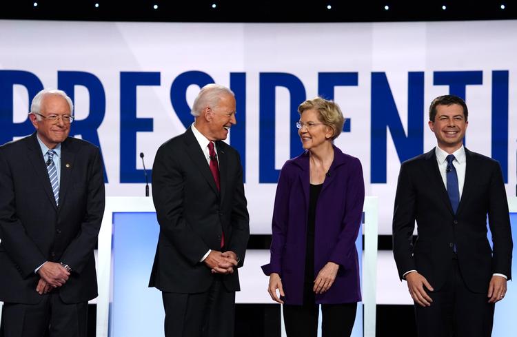 Her er de varmeste bud pt. på at blive demokraterne præsidentkandidat i 2020. Fra venstre er det Bernie Sanders,  Joe Biden, Elizabeth Warren og Pete Buttigieg. Foto: Shannon Stapleton/Ritzau Scanpix