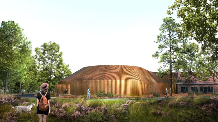 FLUGT. Det er tegnestuen Bjarke Ingels Group, BIG, der har tegnet det nye museum. Den buede stålkonstruktion skal forbinde to længer i Oksbøllejrens gamle hospital.  Computerskabt illustration BIG