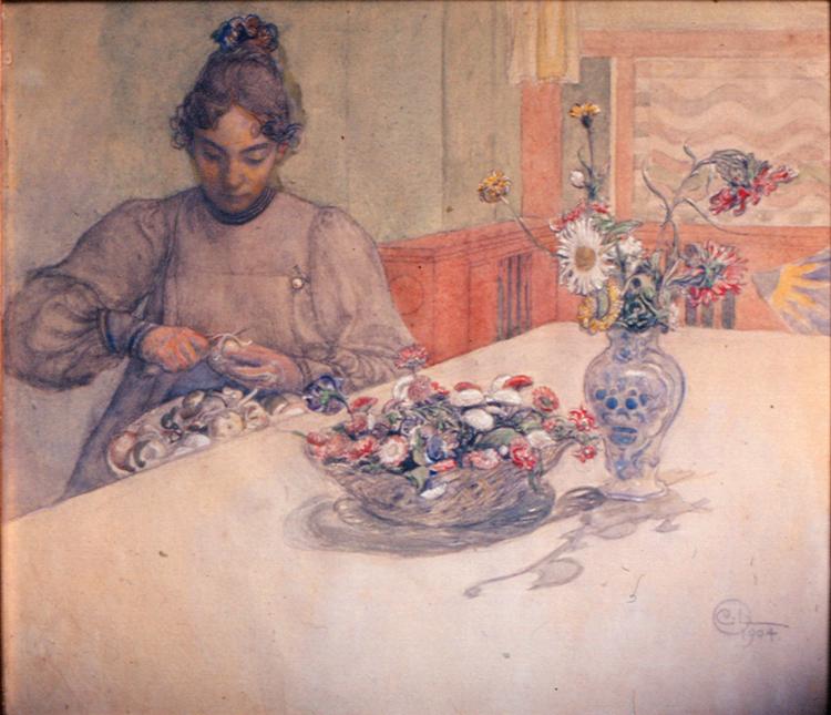 Under titlen 'Karin Larsson ved bordet'  ville Bruun-Rasmussen sælge denne tegning. På Norrköpings Kunstmuseum, hvorfra tegningen  blev stjålet, kender de den som 'Karin skræller æbler'. 