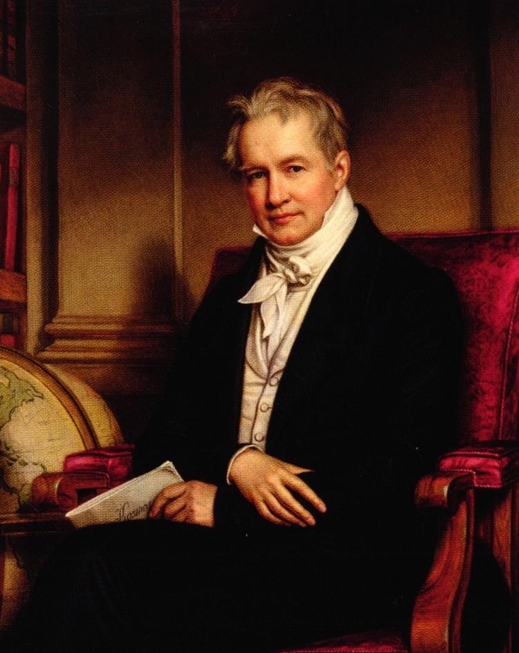 Med et manuskript i hånden og en globus er den 64-årige naturforsker Humboldt anbragt i de perfekte omgivelser i dette maleri fra 1843. Foto: Gengivet efter bogen 'Opfindelsen af naturen'.