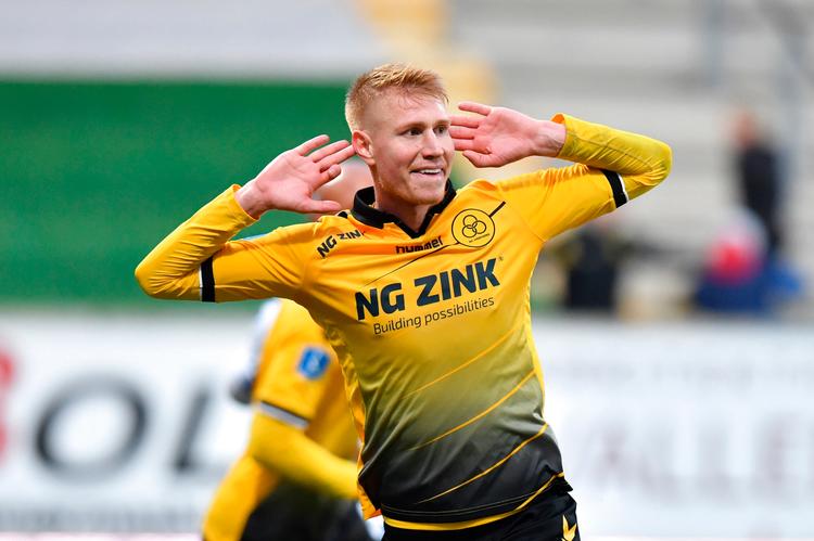 Bjarke Jacobsen, AC Horsens, jublede forståeligt efter sin scoring til 2-1 i kampen mod OB.  Foto: Ernst van Norde/Ritzau Scanpix