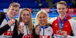 En dansk rekord i 4x50 meter medley sikrede kvartetten med Mathias Zander Rysgaard, Jeanette Ottesen, Pernille Blume og Tobias Bjerg bronzemedaljerne.. Foto: Patrick Kraemer/Dansk Svømmeunion
