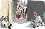En lemlæstet kat i Bangkok har lært sig selv at overleve. Mødet med katten gjorde stort indtryk på en besøgende dansker, der var rejst til Thailand for at dyrke yoga og meditation i en måned. Tegning Mette Dreyer