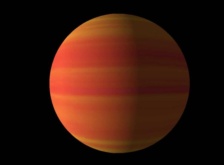Danmarksplaneten, HAT-P-29b, som nu skal hedde Surt, er en varm gasplanet uden fast overflade. Den er 12 gange så stor som jorden og ligner muligvis en glohed udgave af Jupiter fra vores eget solsystem. Illustration: A. Simon/NASA. Foto: Illustration: A. Simon/NASA.