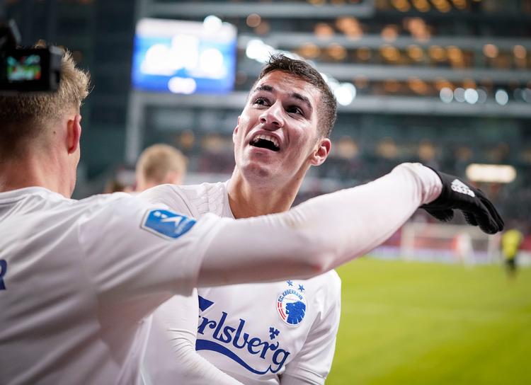 Med sine 2 mål mod OB er Pieros Sotiriou FCK's topscorer i Superligaen i denne sæson., hvor alle cypriotens 9 mål er scoret i Parken.
   Foto: Liselotte Sabroe/Ritzau Scanpix