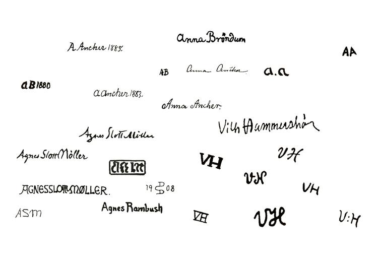 Ved en kritisk undersøgelse er det vigtigt at vide, at kvindelige kunstnere skiftede navn, når de før i tiden trådte ind i det hellige ægteskab. F.eks. havde Anna Ancher og Agnes Slott-Møller engang heddet henholdsvis Anna Brøndum og Agnes Rambusch. Vilhelm Hammershøi derimod fik lov til at forblive Vilhelm Hammershøi - eller V.H., som han skrev på sine billeder. Grafisk layout Rasmus Kamper Vendrup