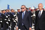 Tyrkiets præsident, Recep Tayyip Erdogan, modtages af Tunesiens præsident, Kais Saied, i lufthavnen i Tunis.  Foto: Murat Cetinmuhurdar/Ritzau Scanpix