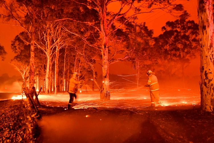 Opgaven er enorm. Og ganske umulig. Alligevel prøver de, brændmændene, at standse flammernes fremmarch. Ofte forgæves. Mandskabet her kæmper for at holde flammerne fra at nå byen Nowra. Foto: Saeed Khan/Ritzau Scanpix