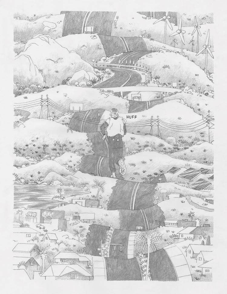 Connor Willumsens tegninger 'Bradley of Him' er tegnet med blyant i gråtoner på halvtransparent papir og føles næsten flydende. Foto: Illustration fra bogen