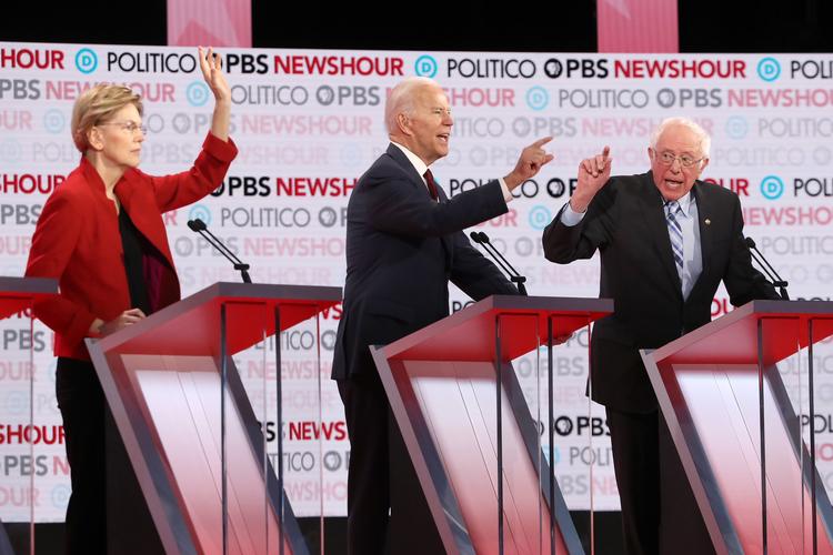 De tre førende demokrater i meningsmålingerne: Elizabeth Warre, Joe Biden og Bernie Sanders. Foto: Justin Sullivan/Ritzau Scanpix
