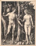 Katten efter musen eller Eva efter Adam. Adam træder på halen af en mus, imens en stor pelset kat ligger for fødderne af Eva. Bag dem ses både en papegøje, elg, kanin og bjergged i dette tyske renæssancemesterværk af Albrecht Dürer.  Foto: Pressefoto