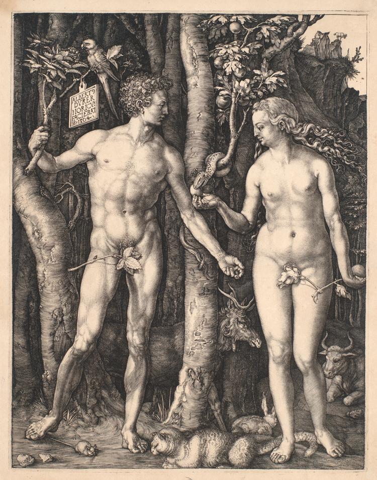 Katten efter musen eller Eva efter Adam. Adam træder på halen af en mus, imens en stor pelset kat ligger for fødderne af Eva. Bag dem ses både en papegøje, elg, kanin og bjergged i dette tyske renæssancemesterværk af Albrecht Dürer.  Foto: Pressefoto