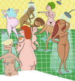 Annika Leone har valgt, at Miras historie skal foregå i en svømmehal, da hun mener, at det er et af de sidste offentlige steder, hvor folk tør vise deres naturlige kroppe. Det rum, mener hun, at vi skal vise børnene (Illustration fra bogen 'Bare numser' af Bettina Johansson). Tegning fra bogen: 