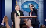 Udenrigsminister Mike Pompeo og handelsminister  Steven Mnuchin på dagens pressemøde. Foto: Kevin Lamarque/Ritzau Scanpix