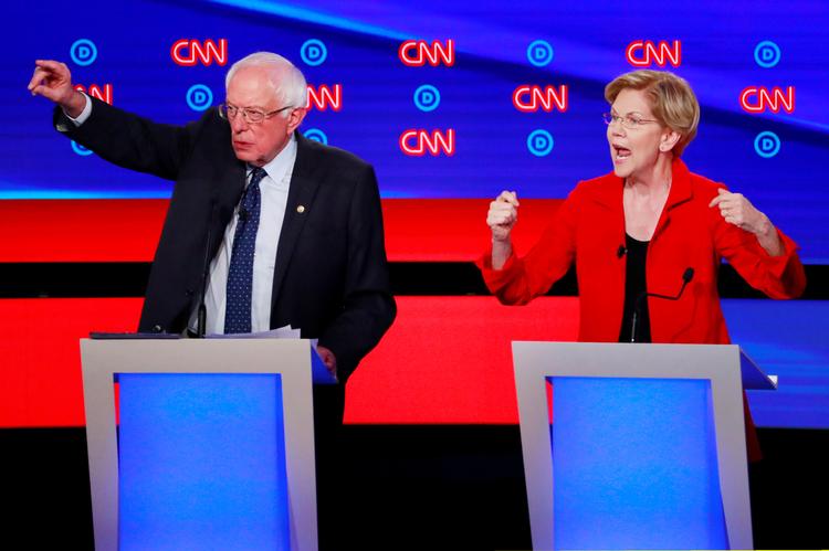 Bernie Sanders og Elizabeth Warren kæmper især om stemmerne på venstrefløjen. Foto: Lucas Jackson/Ritzau Scanpix