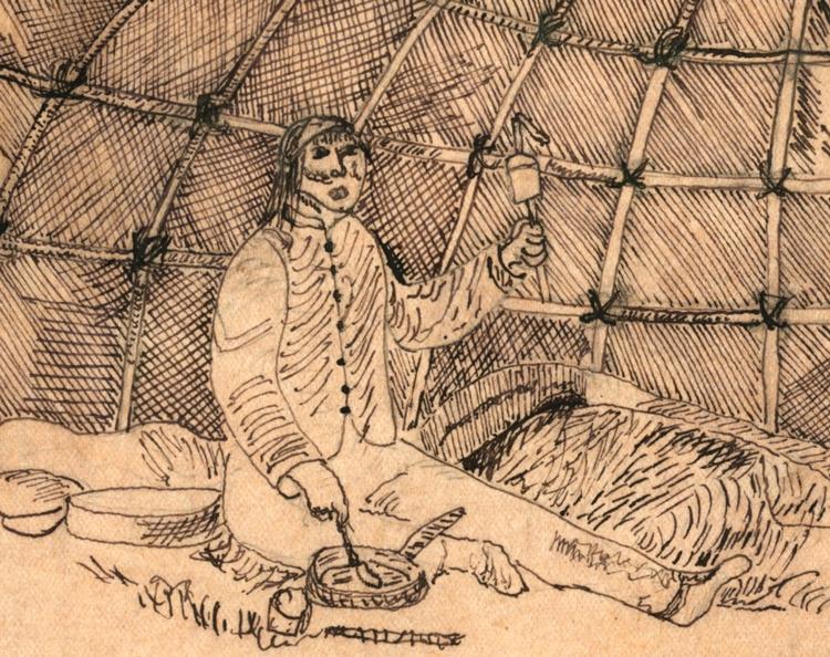 I de tre bind, der angiveligt er blevet til i 1898, er der indklæbet tegninger, som bl.a.  giver et indtryk af wigwam’erne. Foto: Rigsarkivet
