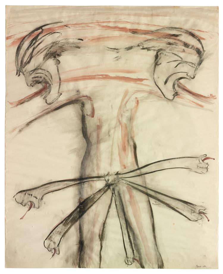 Nancy Spero sammenstiller det maskuline og (Vietnam)krigens rædsler i 'Male Bomb' fra 1967, hvor det mandlige køn både er helikopterpropel og selvstændigt uhyre.  Foto: The Nancy Spero and Leon Golub Foundation of the Arts / VISDA. Courtesy Galerie Lelong & Co.