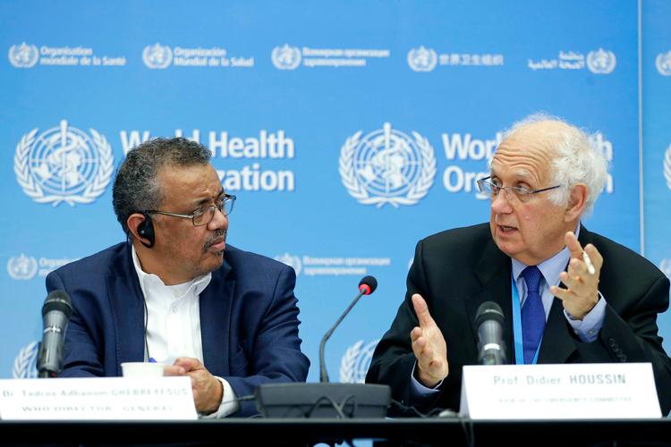 WHOs generaldirektør Tedros Adhanom Ghebreyesus og  Didier Houssin. WHO er erklærer ikke coronavirus for international sundhedskrise. Foto: Pierre Albouy/Ritzau Scanpix