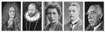 Fem danske videnskabsfolk, som gjorde banebrydende opdagelser, der gav genlyd i hele verden. Fra venstre: Ole Rømer, Tycho Brahe, Inge Lehmann, August Krogh og Niels Bohr 