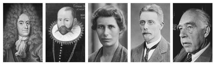 Fem danske videnskabsfolk, som gjorde banebrydende opdagelser, der gav genlyd i hele verden. Fra venstre: Ole Rømer, Tycho Brahe, Inge Lehmann, August Krogh og Niels Bohr 