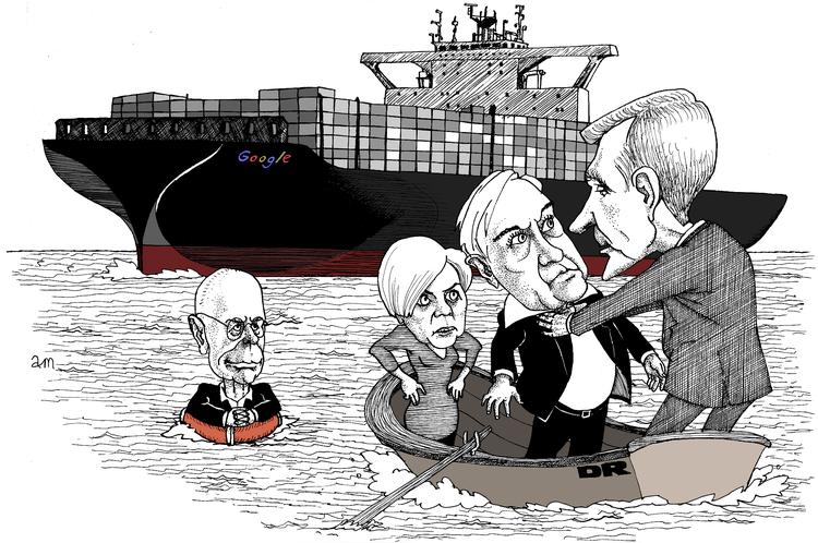 I robåden: Mette Bock, Michael Christiansen og Krisitan Thulesen Dahl (med ryggen til). I redningskransen: Bogens forfatter Christian S. Nissen. Tegning Anne-marie Steen Petersen