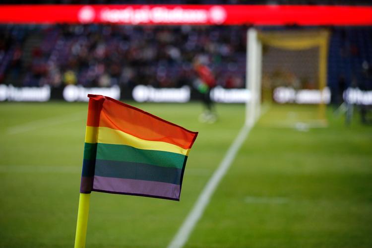 I mange af verdens topturneringer bruger man regnueflag og regnbueanførerbånd for at gå imod homofobi i fodbold - her i en landskamp mellem Danmark og Tyskland i 2017. Men det er ikke nok med kampagner på topniveau, hvis man skal udrydde diskrimination mod homoseksuelle, ifølge Andreas Eilenberger, der spiller i Pan Idræt.  Foto: Jens Dresling/POLFOTO