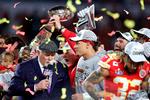 Patrick Mahomes (midten, red.) så længe ud til at ikke skulle vinde sin første Super Bowl, men det ændrede han selv på i kampens sidste syv minutter.
   Foto: Maddie Meyer/Ritzau Scanpix