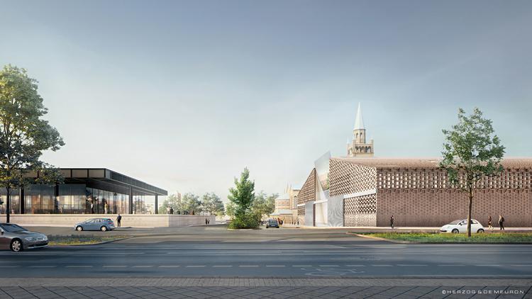 Endnu er det kun en byggeplads midt i Berlin, men sådan kommer Museum der Moderne til at se ud ifølge skitserne fra arkitektfirmaet Herzog & de Meuron. Foto: Herzog & de Meuron