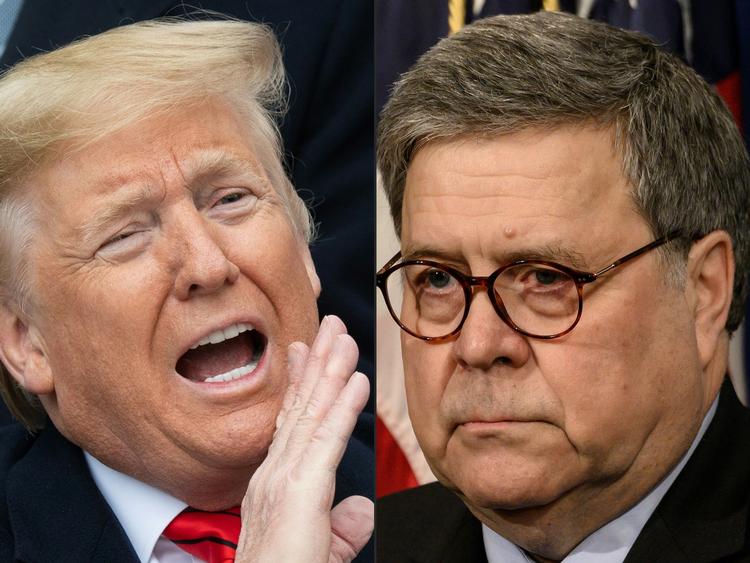 USA's ustitsminister, William Barr, (th.) har kritiseret Donald Trump for at udtale sig på Twitter om retssagen mod den tidligere Trump-rådgiver Roger Stone. Foto: Saul Loeb, Andrew Caballero-reyn/Ritzau Scanpix