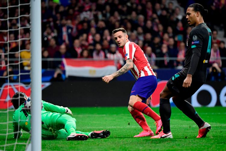 Dette mål af Saul Niguez blev det eneste i kampen mellem Atlético Madrid og Liverpool. Foto: Javier Soriano/Ritzau Scanpix