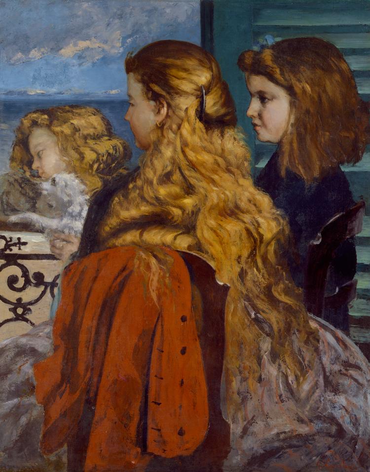 Kvinderne findes i malerierne i hobetal, men aldrig på de små titelblade med kunstnernavne, som følger værkerne på Glyptotekets nye udstilling. Håret spiller hovedrollen i maleriet 'Tre unge englænderinder ved et vindue' fra 1865 af Gustave Courbet – et billede, som efter sigende forargede manden, som bestilte værket – pigernes fader – da gengivelsen af kvinder med løst hår traditionelt blev forbundet med sexarbejde.   Foto: Ny Carlsberg Glyptotek