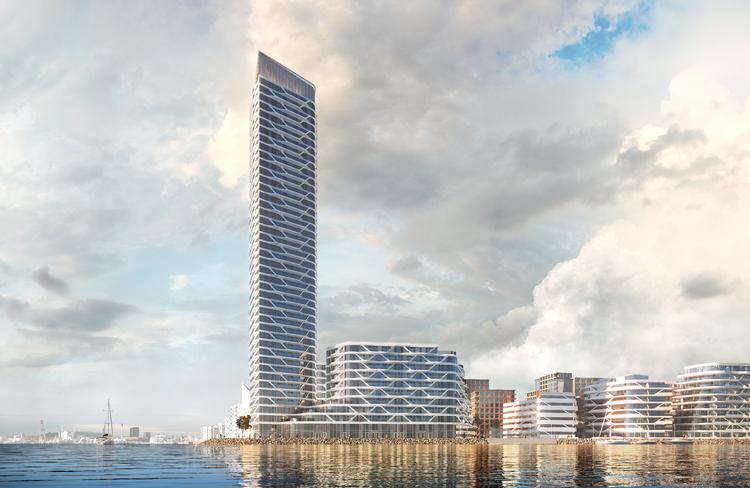 Fyrtårnet til venstre bliver 142 meter højt.  Illustration 3XN