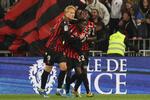 Kasper Dolberg fejrer et af sine to mål for Nice.  Foto: Valery Hache/Ritzau Scanpix