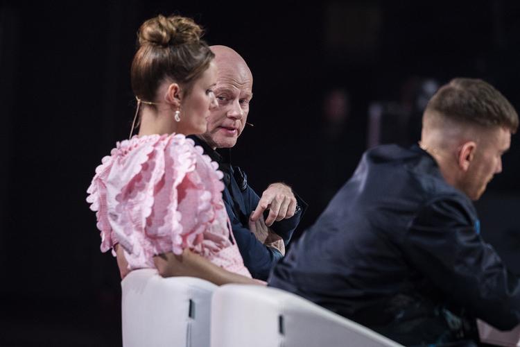     Dommerne Thomas Blachman, Ankerstjerne og Oh Land i 
X Factor 1sidste fredag. Foto: Martin Sylvest/Ritzau Scanpix