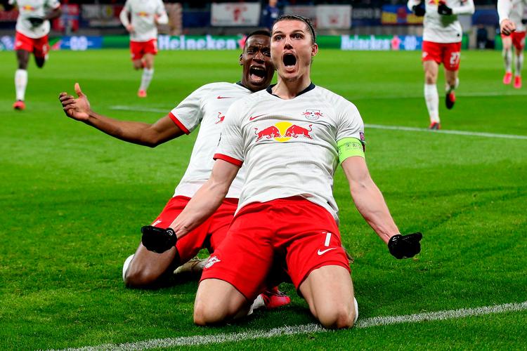 RB Leipzigs østrigske midtbanespiller Marcel Sabitzer lagde tirsdag aften grunden til triumfen for den unge fodboldklub, der nu skal spille kvartfinale i Champions League. Foto: Ronny Hartmann/Ritzau Scanpix